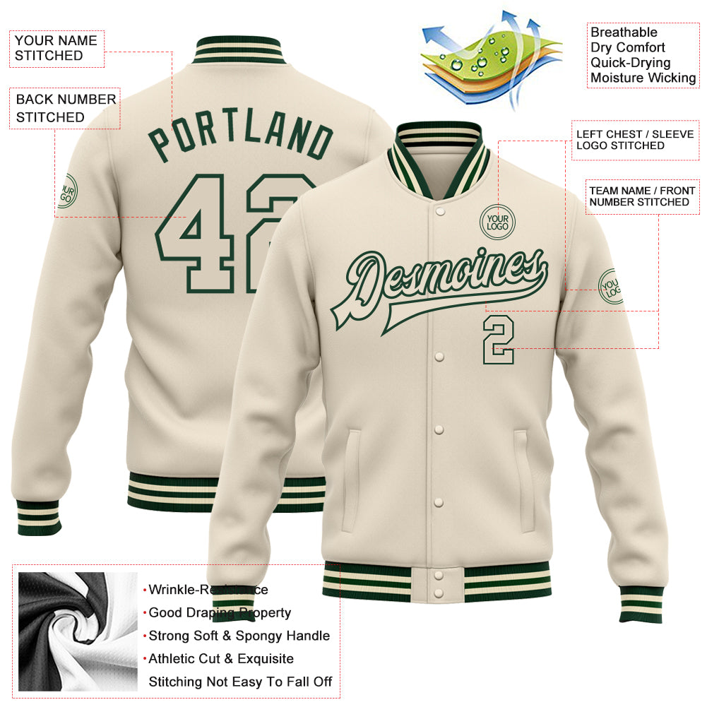 Personalized Cream Cream-Green Bomber Full-Snap Varsity Letterman Jacket Team Custom Name and Number Custom Name and Number Varsity Letterman Jacket - Personalized Cream-Green Full-Snap Bomber Jacket Personalized Cream Cream-Green - Image 3