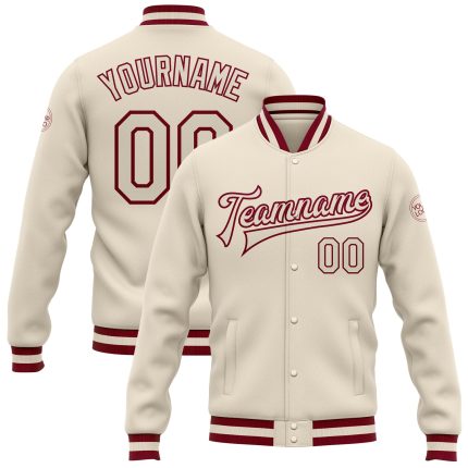 Custom Name and Number Bomber Jacket Cream-Maroon Full-Snap Varsity Letterman Jacket Personalized Cream Cream-Maroon Bomber