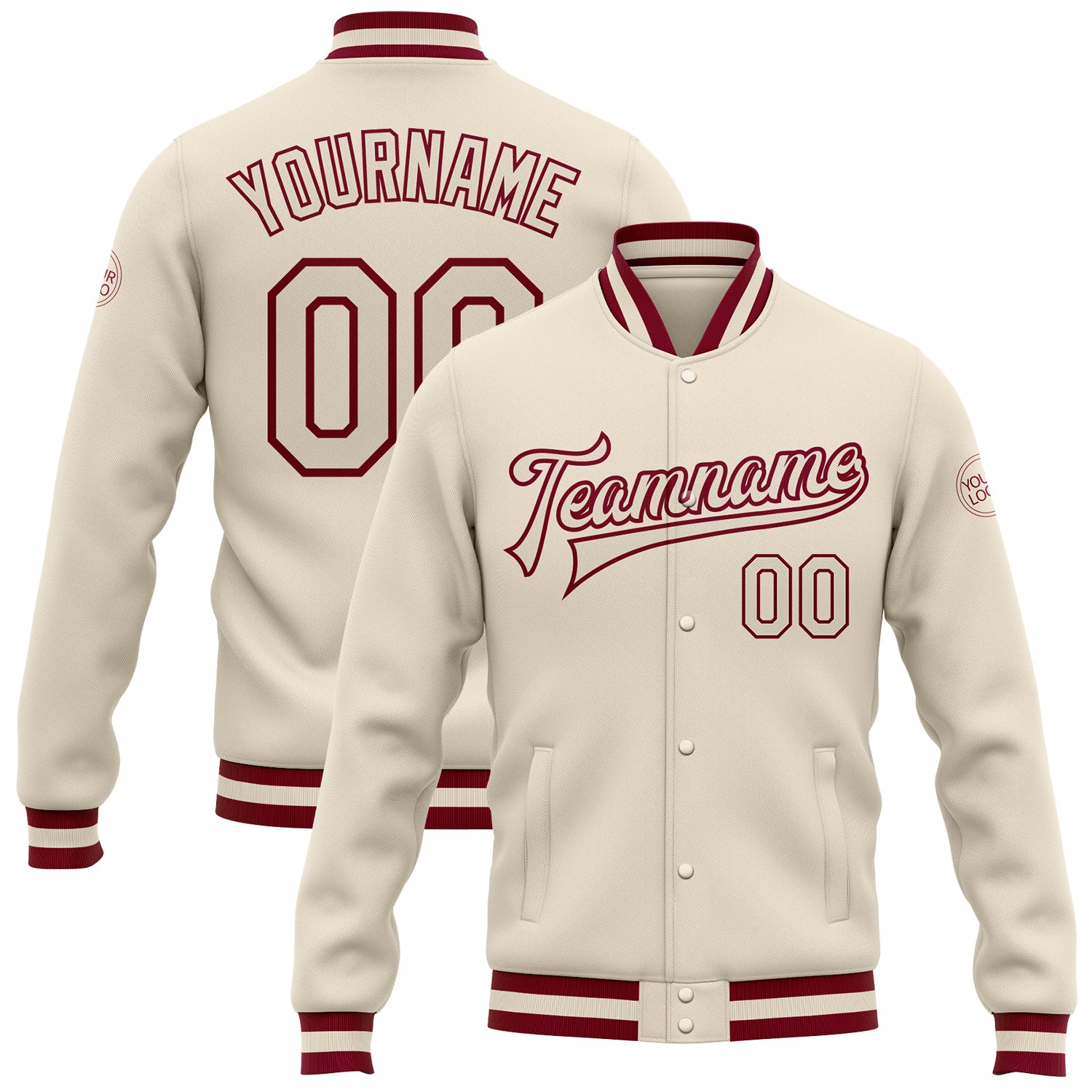 Personalized Maroon Cream Bomber Varsity Letterman Jacket - Full-Snap Style Personalized Cream Cream-Maroon Bomber Full-Snap