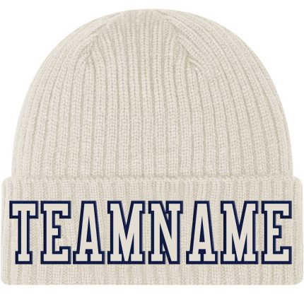 Personalized Cream and Navy Stitched Knit Cuffed Hat for Men and Women Personalized Cream Cream-Navy Stitched Cuffed Knit