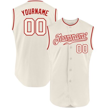 Custom Name and Number Personalized Baseball Jersey - Authentic Sleeveless Cream and Red Team Apparel Personalized Cream