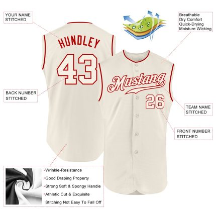 Custom Name and Number Personalized Baseball Jersey - Authentic Sleeveless Cream and Red Team Apparel Personalized Cream