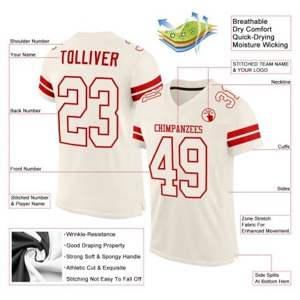Custom Name and Number Authentic Football Jersey - Personalized Cream and Red Mesh Team Jersey Personalized Cream Cream-Red