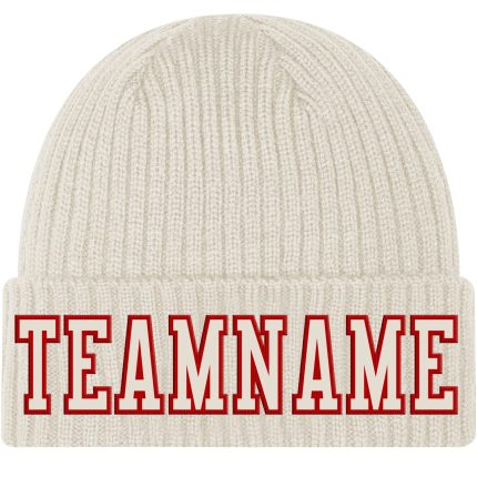 Personalized Cream Red Stitched Cuffed Knit Hat - Custom Knit Beanie for Men and Women Personalized Cream Cream-Red Stitched