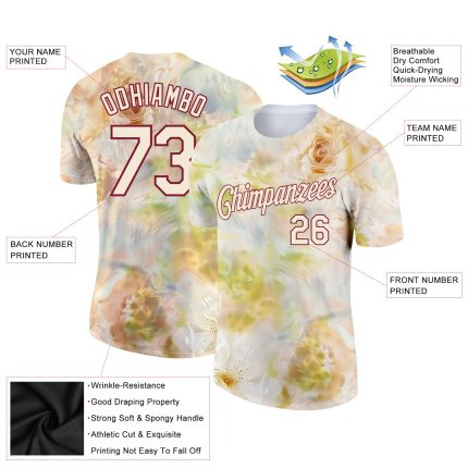 Custom Name and Number Personalized Cream Crimson 3D Floral Performance T-Shirt Personalized Cream Crimson 3D Pattern Design