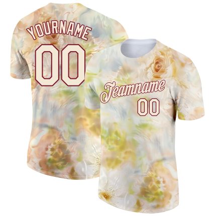 Custom Name and Number Personalized Cream Crimson 3D Floral Performance T-Shirt Personalized Cream Crimson 3D Pattern Design