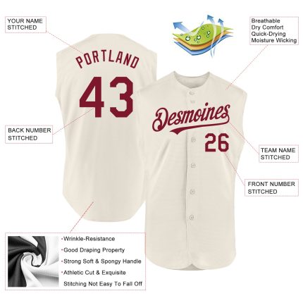 Custom Name and Number Baseball Jersey, Authentic Sleeveless Design in Cream Crimson - Personalized Team Apparel Personalized