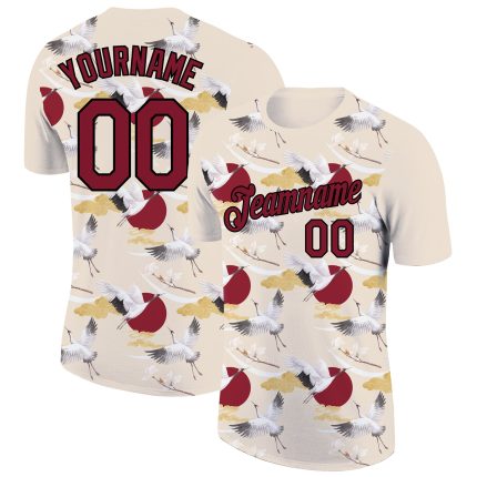 Personalized 3D Animal Crane T-Shirt in Cream and Crimson-Black for Performance Wear Personalized Cream Crimson-Black 3D