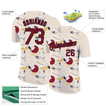Personalized 3D Animal Crane T-Shirt in Cream and Crimson-Black for Performance Wear Personalized Cream Crimson-Black 3D