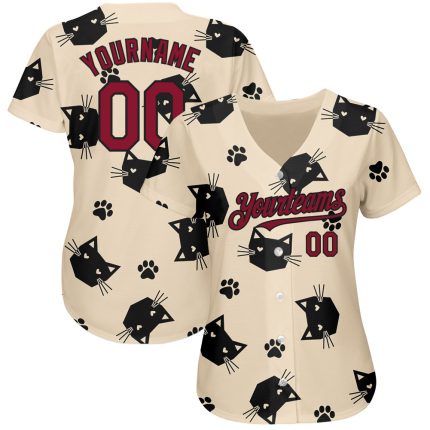 Personalized 3D Cat Baseball Jersey in Cream and Crimson-Black Personalized Cream Crimson-Black 3D Cat Baseball Jersey