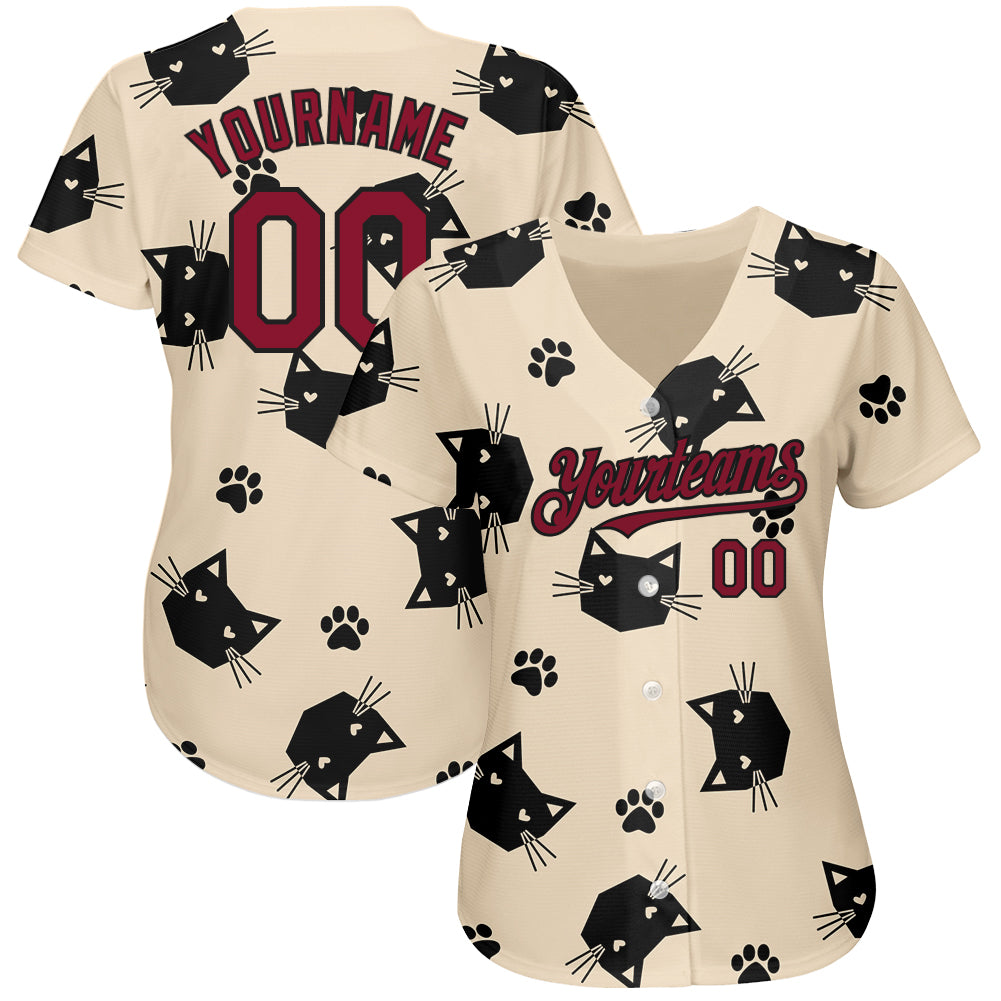 Personalized Cream Crimson-Black 3D Cat Baseball Jersey Personalized 3D Cat Baseball Jersey in Cream and Crimson-Black Personalized Cream Crimson-Black 3D Cat Baseball Jersey - Image 2