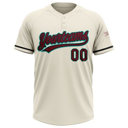 Personalized Unisex Softball Jersey - Cream Crimson Black-Aqua Two-Button Design Personalized Cream Crimson Black-Aqua Two-Button