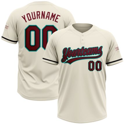 Personalized Unisex Softball Jersey - Cream Crimson Black-Aqua Two-Button Design Personalized Cream Crimson Black-Aqua Two-Button