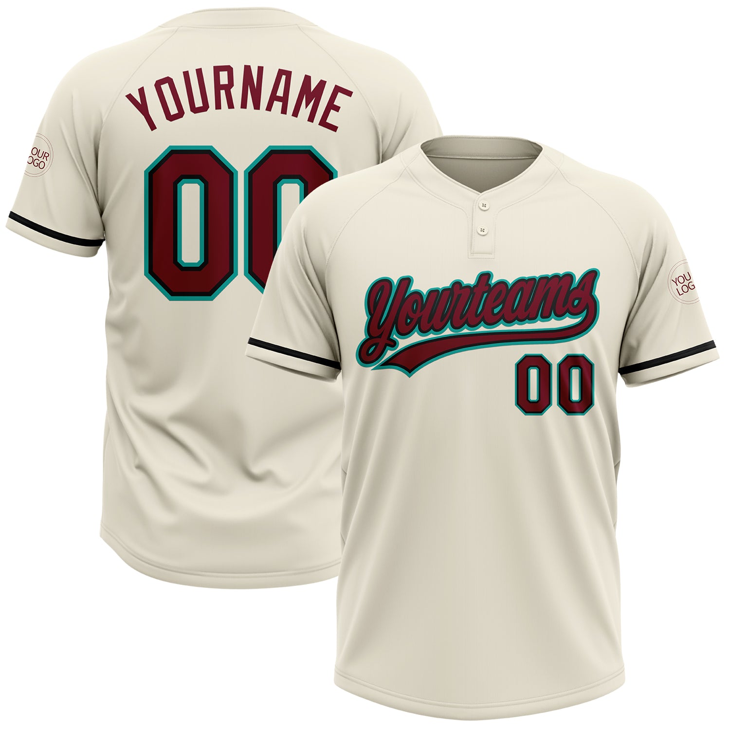 Custom Name Number Unisex Softball Jersey Two-Button Cream Crimson Black-Aqua - Personalized Team Apparel Personalized Cream