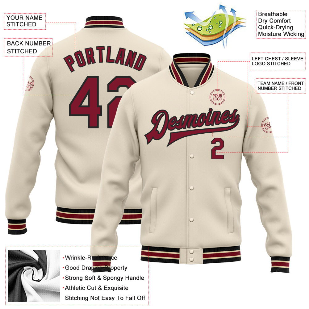 Personalized Cream Crimson Black-City Cream Bomber Full-Snap Varsity Letterman Jacket Personalized Crimson Black Varsity Letterman Bomber Jacket - Full-Snap Cream Style Personalized Cream Crimson Black-City - Image 5