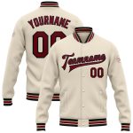 Personalized Crimson Black Varsity Letterman Bomber Jacket - Full-Snap Cream Style Personalized Cream Crimson Black-City
