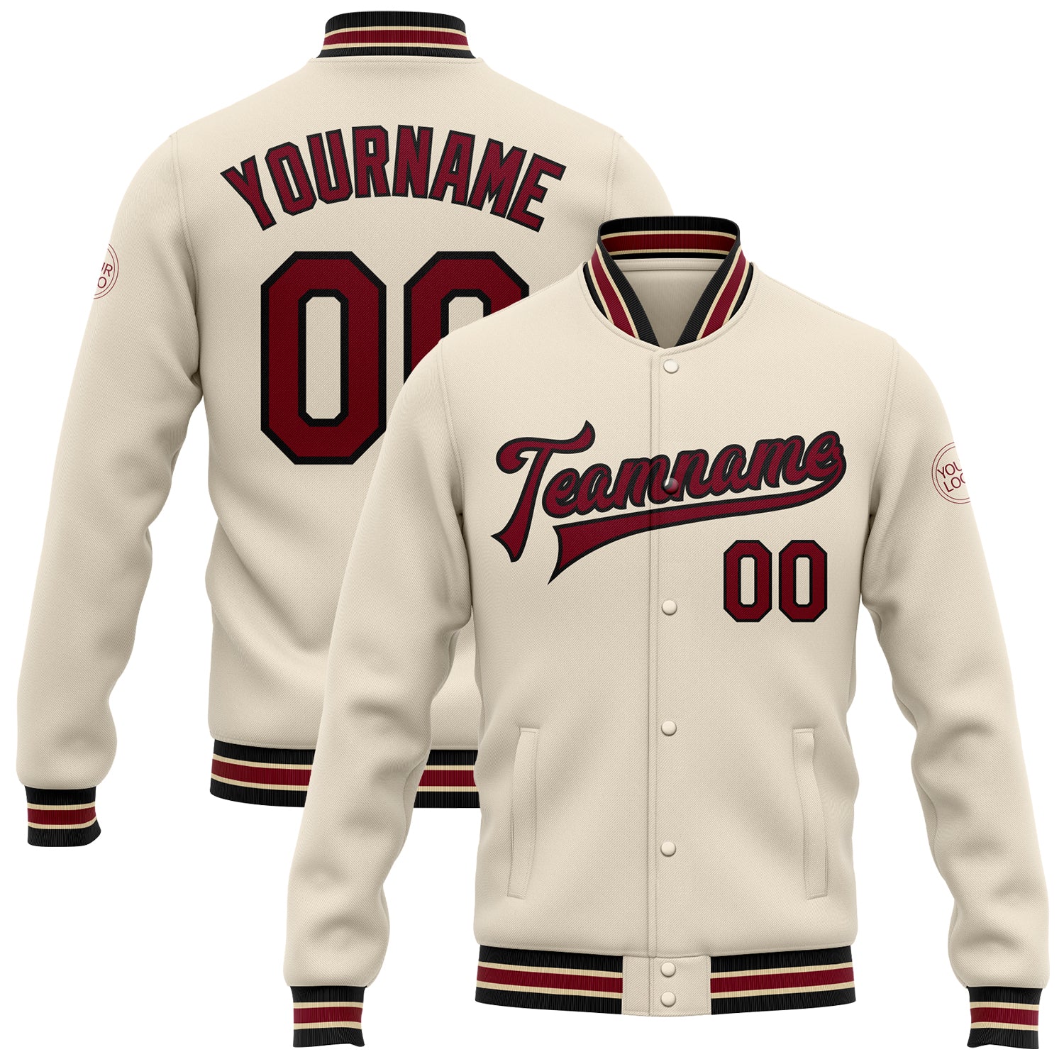 Custom Team Name and Number Cream Crimson Black Bomber Varsity Full-Snap Jacket - Personalized Letterman Jacket Personalized