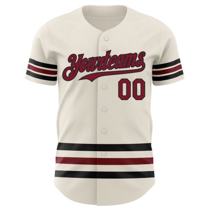 Custom Name and Number Authentic Baseball Jersey in Cream Crimson-Black Line Design, Personalized Team Apparel Personalized