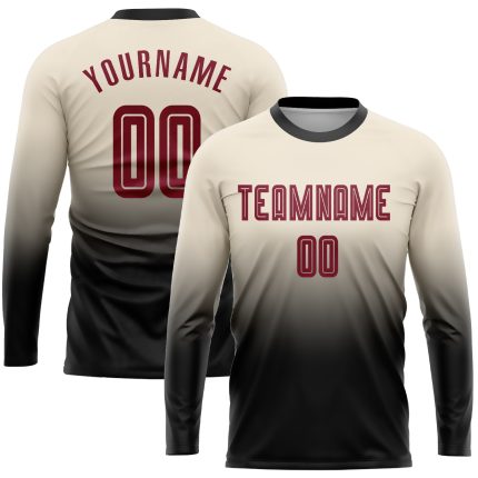 Custom Name Number Soccer Jersey - Personalized Cream Crimson Black Long Sleeve Fade Fashion Uniform Personalized Cream Crimson-Black