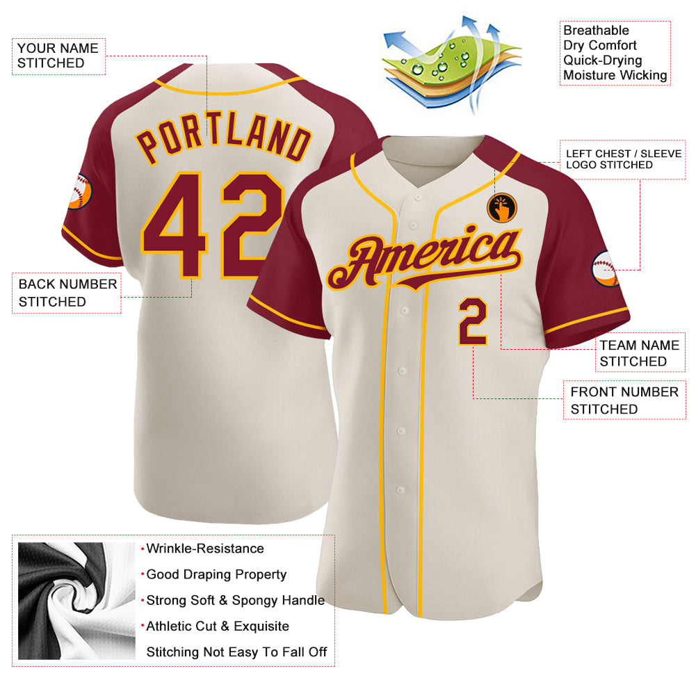Personalized Cream Crimson-Gold Authentic Raglan Sleeves Baseball Jersey Team Custom Name and Number Custom Name and Number Crimson-Gold Baseball Jersey with Personalized Cream Raglan Sleeves Personalized Cream Crimson-Gold - Image 3