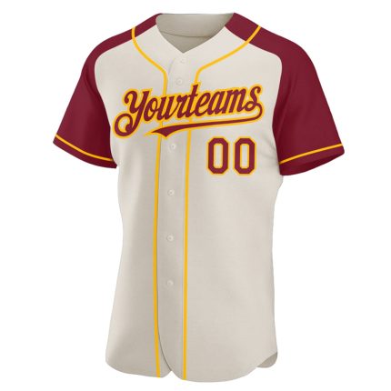 Custom Name and Number Crimson-Gold Baseball Jersey with Personalized Cream Raglan Sleeves Personalized Cream Crimson-Gold