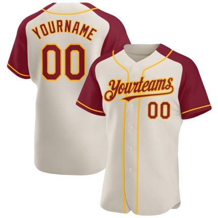 Custom Name and Number Crimson-Gold Baseball Jersey with Personalized Cream Raglan Sleeves Personalized Cream Crimson-Gold