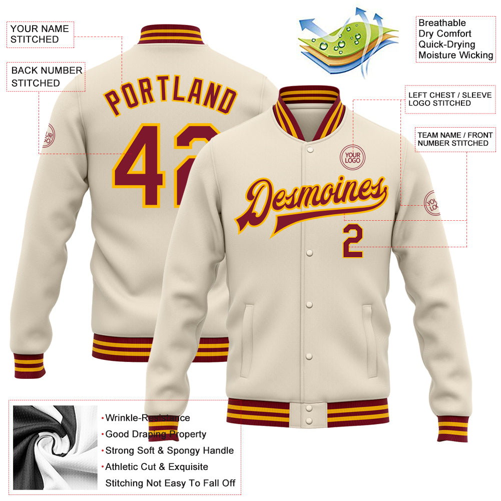 Personalized Cream Crimson-Gold Bomber Full-Snap Varsity Letterman Jacket Personalized Crimson Gold Bomber Jacket for Men Women Full Snap Varsity Letterman Personalized Cream Crimson-Gold Bomber - Image 5