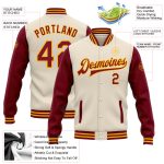 Personalized Two Tone Crimson-Gold Bomber Varsity Letterman Jacket Full-Snap Cream Personalized Cream Crimson-Gold Bomber