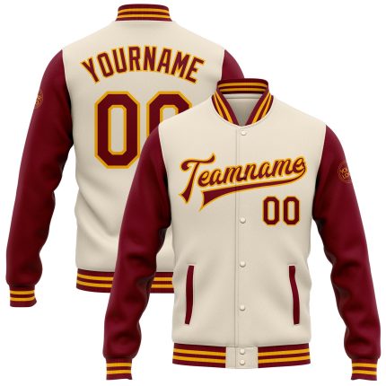 Personalized Two Tone Crimson-Gold Bomber Varsity Letterman Jacket Full-Snap Cream Personalized Cream Crimson-Gold Bomber