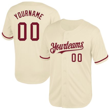 Personalized Cream Crimson Baseball Jersey - Throwback Mesh Design Personalized Cream Crimson Mesh Throwback Baseball Jersey
