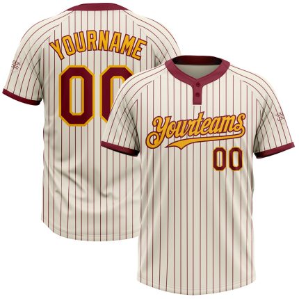 Personalized Unisex Softball Jersey Cream Crimson Pinstripe Gold Two-Button Design Personalized Cream Crimson Pinstripe Gold