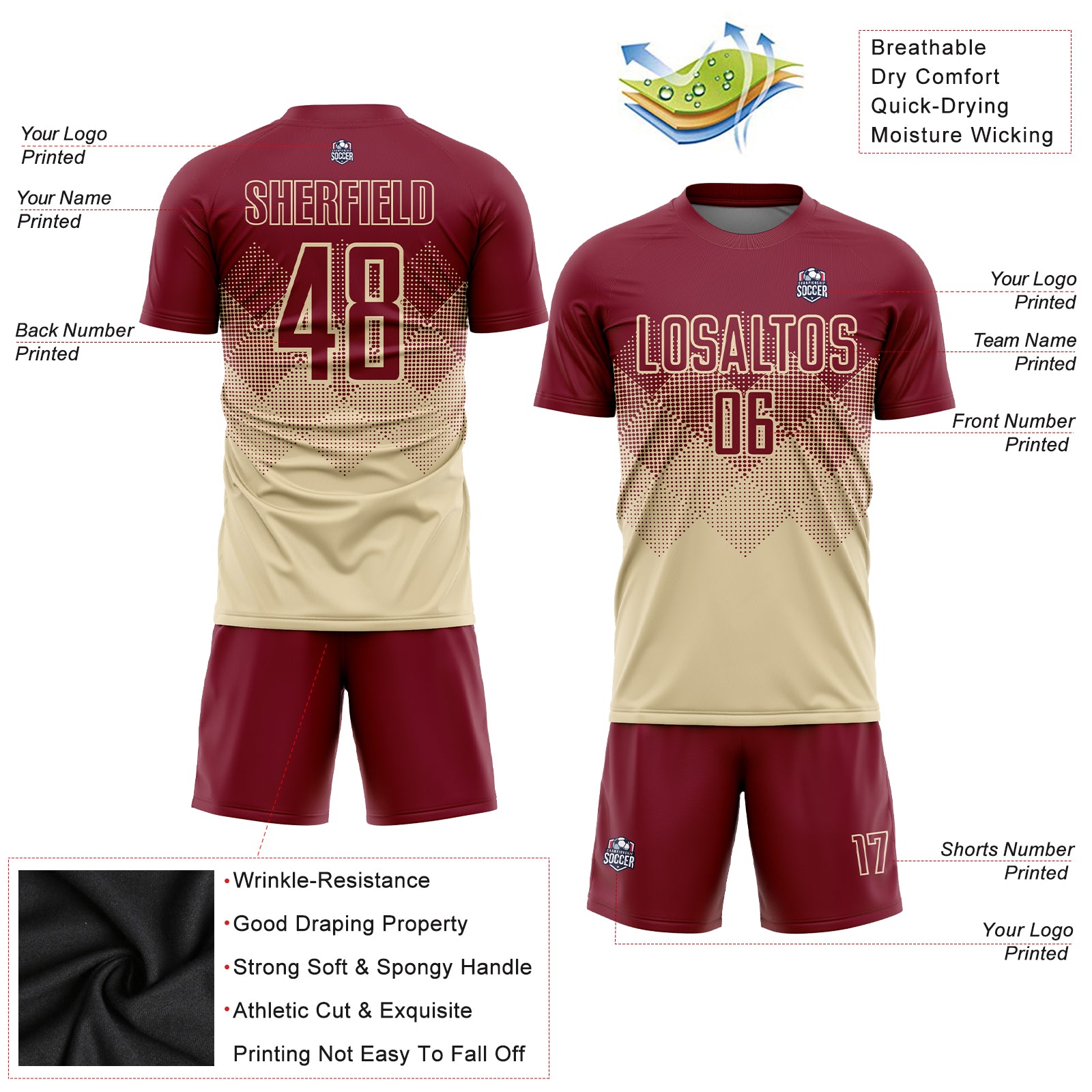 Personalized Cream Crimson Sublimation Soccer Uniform Jersey Personalized Crimson Soccer Jersey - Custom Cream Sublimation Uniform Personalized Cream Crimson Sublimation Soccer Uniform - Image 3