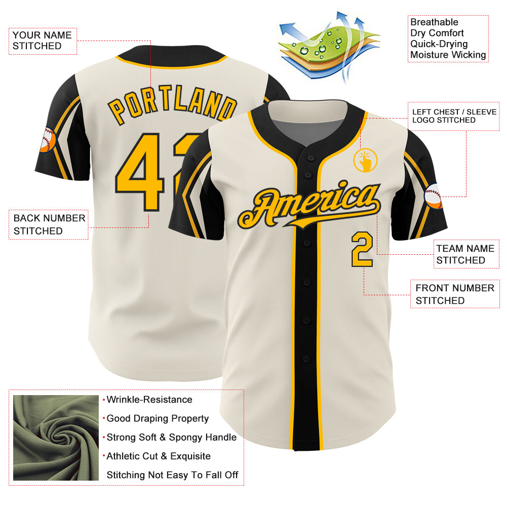 Personalized Cream Gold-Black 3 Colors Arm Shapes Authentic Baseball Jersey Team Custom Name and Number Custom Authentic Baseball Jersey with Personalized Name and Number in Cream Gold-Black, 3 Color Arm Shapes Personalized Cream - Image 4