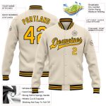 Custom Team Name Number Cream Gold Black Bomber Full-Snap Varsity Letterman Jacket Personalized Personalized Cream Gold-Black