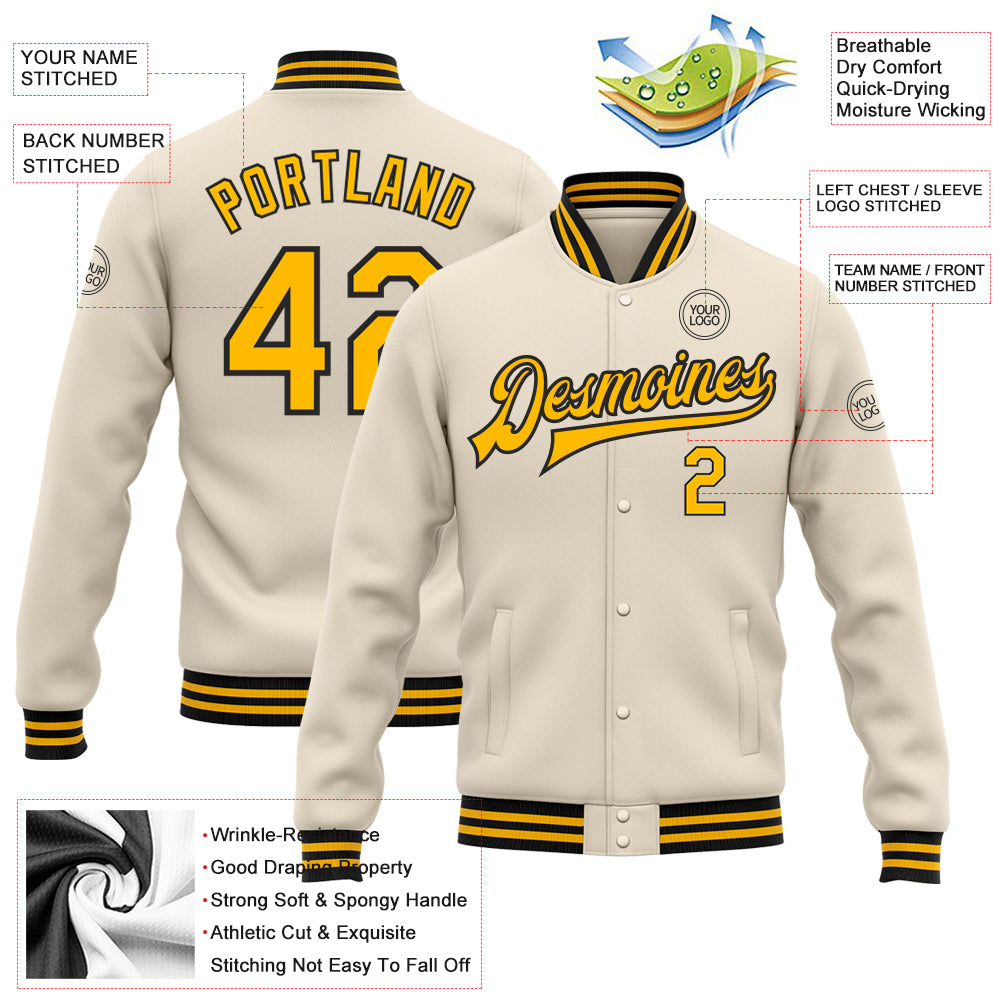 Personalized Cream Gold-Black Bomber Full-Snap Varsity Letterman Jacket Team Custom Name and Number Custom Team Name Number Cream Gold Black Bomber Full-Snap Varsity Letterman Jacket Personalized Personalized Cream Gold-Black - Image 3