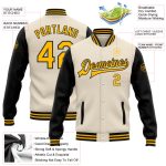 Custom Name and Number Varsity Letterman Bomber Jacket Cream Gold Black Full-Snap Two Tone Personalized Cream Gold-Black