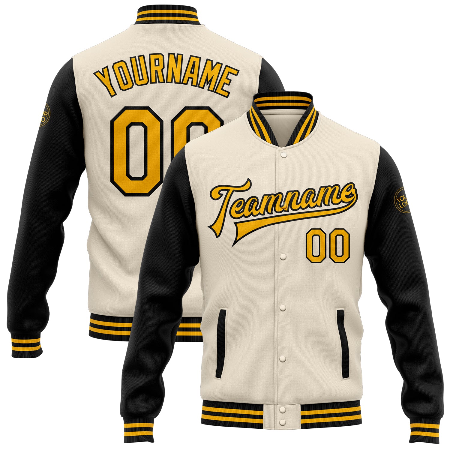 Custom Name and Number Varsity Letterman Bomber Jacket Cream Gold Black Full-Snap Two Tone Personalized Cream Gold-Black