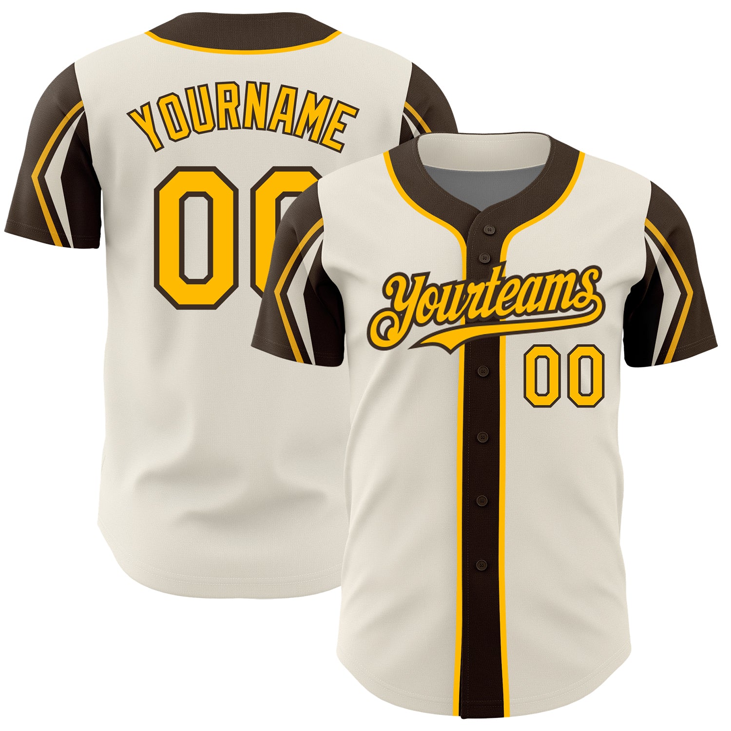 Custom Name and Number Authentic Baseball Jersey in Personalized Cream Gold-Brown Colors, 3 Arm Shapes Available Personalized