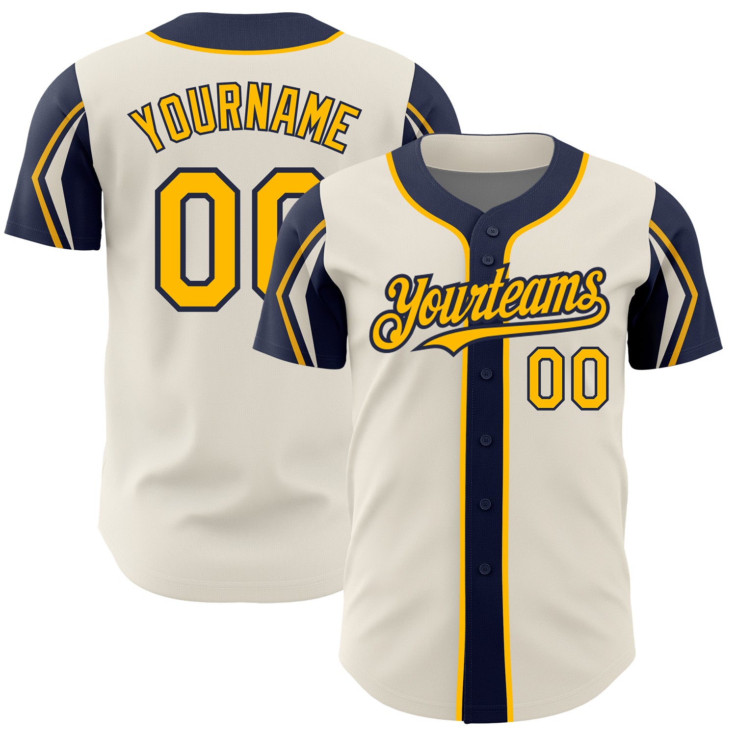 Custom Baseball Jersey with Personalized Name and Number in Cream Gold and Navy - 3 Color Options, Arm Shapes Authentic Personalized