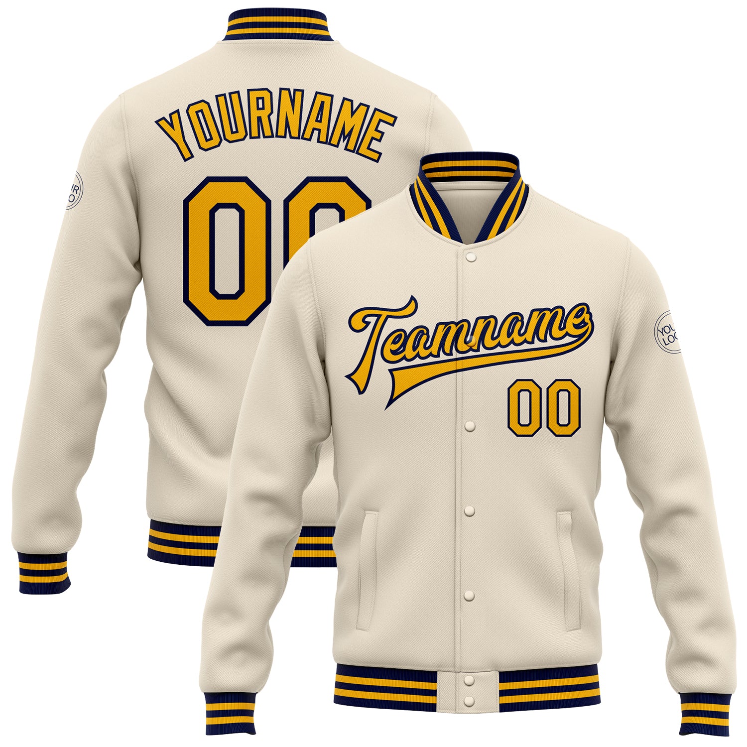 Custom Personalized Varsity Letterman Jacket with Name and Number - Cream Gold Navy Full-Snap Bomber Style Personalized Cream