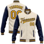 Personalized Varsity Letterman Bomber Jacket Cream Gold Navy Full-Snap Two Tone Personalized Cream Gold-Navy Bomber Full-Snap