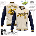 Personalized Varsity Letterman Bomber Jacket Cream Gold Navy Full-Snap Two Tone Personalized Cream Gold-Navy Bomber Full-Snap