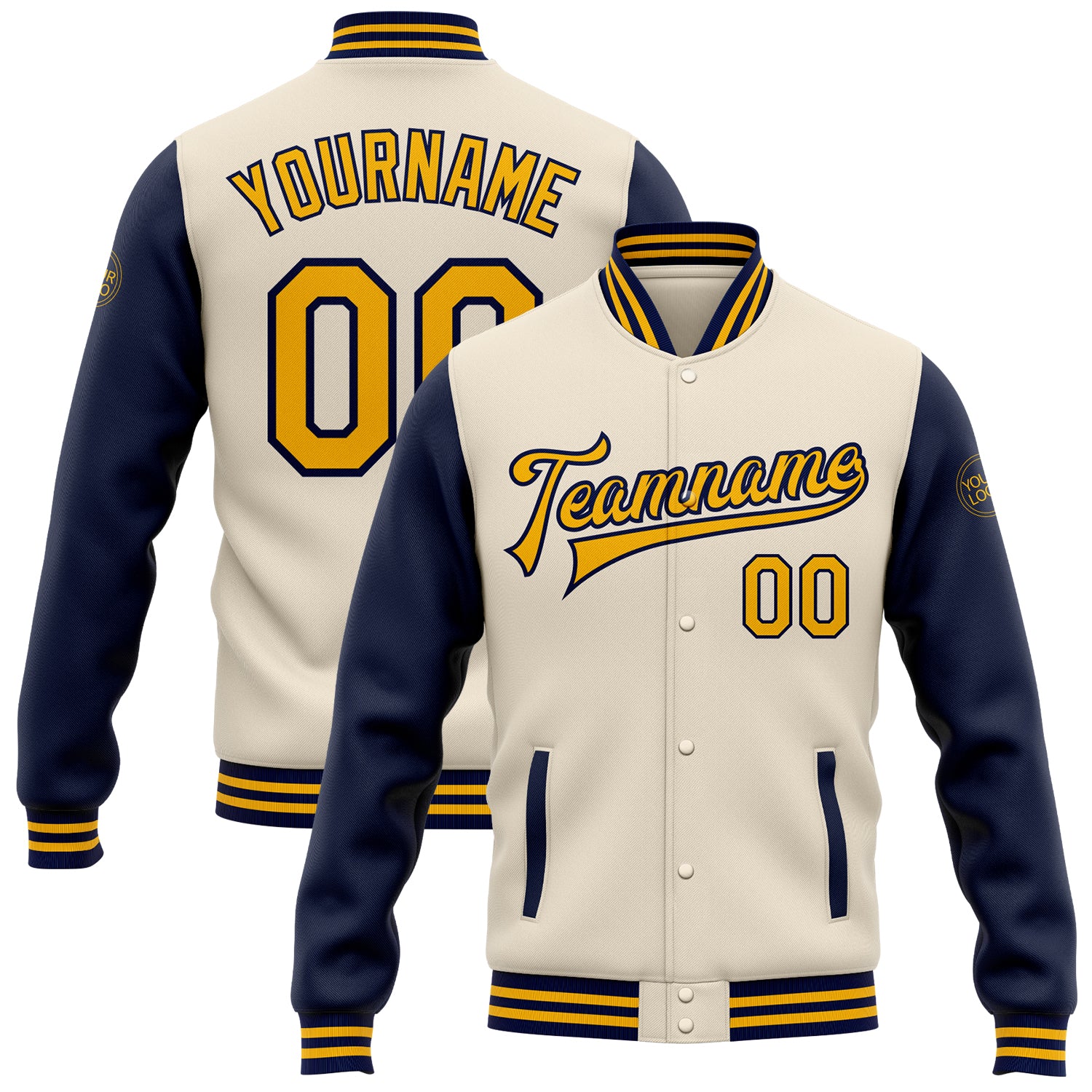 Custom Name Number Bomber Jacket Cream Gold Navy Two-Tone Varsity Letterman Full-Snap Personalized Team Apparel Personalized