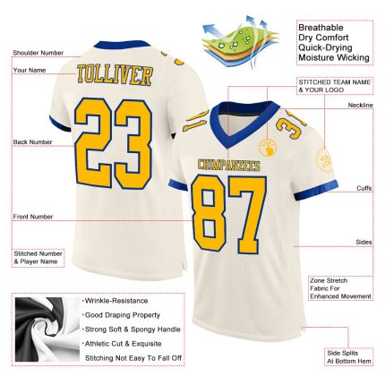 Custom Name and Number Authentic Football Jersey in Cream Gold-Royal Mesh - Personalized Team Apparel Personalized Cream