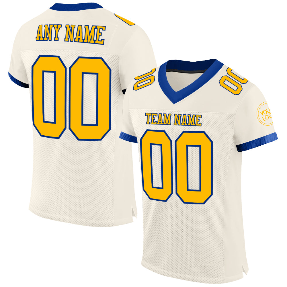 Custom Name and Number Authentic Football Jersey in Cream Gold-Royal Mesh - Personalized Team Apparel Personalized Cream