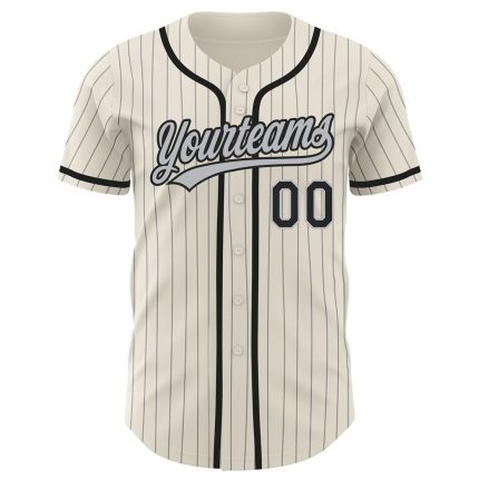 Custom Name and Number Authentic Baseball Jersey - Personalized Cream Gray Black Pinstripe Design Personalized Cream Gray