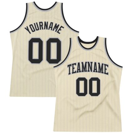 Custom Name and Number Basketball Jersey - Personalized Cream Gray Pinstripe Black Authentic Design Personalized Cream Gray