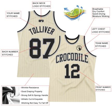 Custom Name and Number Basketball Jersey - Personalized Cream Gray Pinstripe Black Authentic Design Personalized Cream Gray