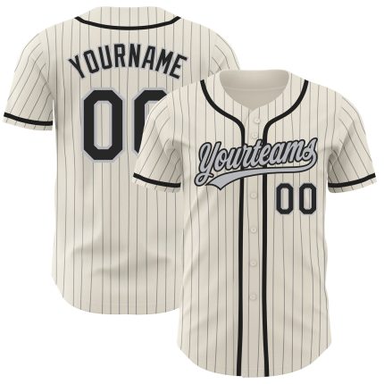 Personalized Black Baseball Jersey with Cream Gray Pinstripe Design Personalized Cream Gray Pinstripe Black Baseball Jersey