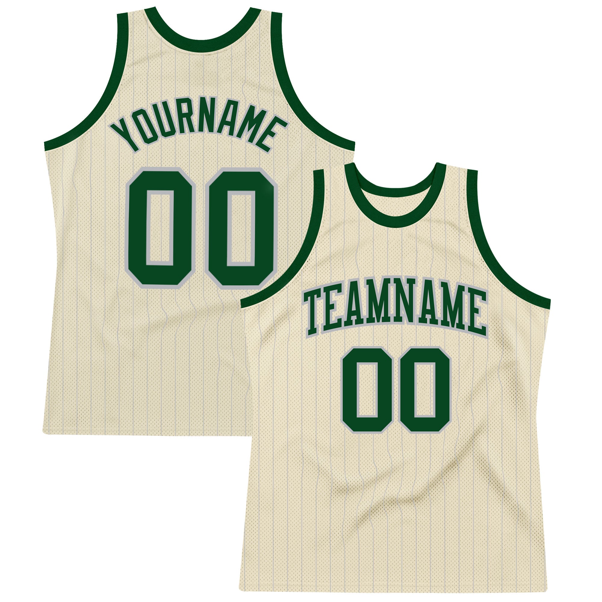 Custom Basketball Jersey with Personalized Name and Number, Cream Gray Pinstripe Green Design Personalized Cream Gray Pinstripe
